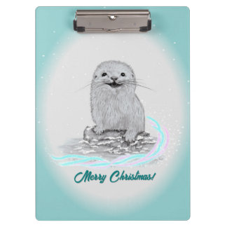 Cute White Baby Sea Otter , Merry Christmas Klembord