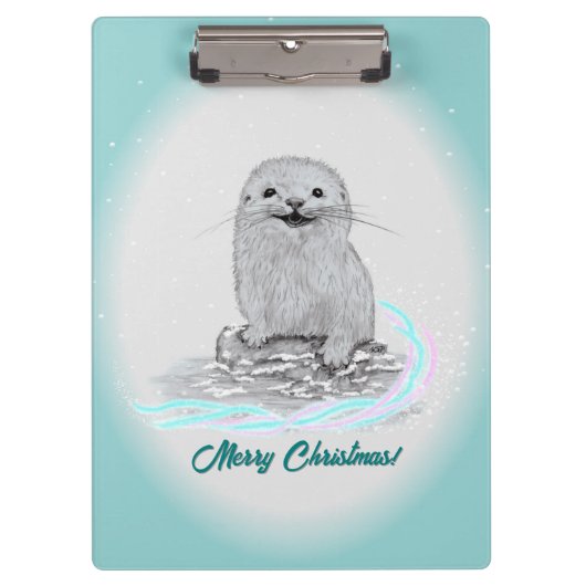 Cute White Baby Sea Otter , Merry Christmas Klembord (Voorkant)