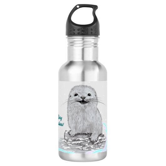 Cute White Baby Sea Otter , Merry Christmas Waterfles (Voorkant)