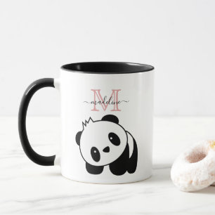 Cute White Black Panda Modern Pink Monogram Mok