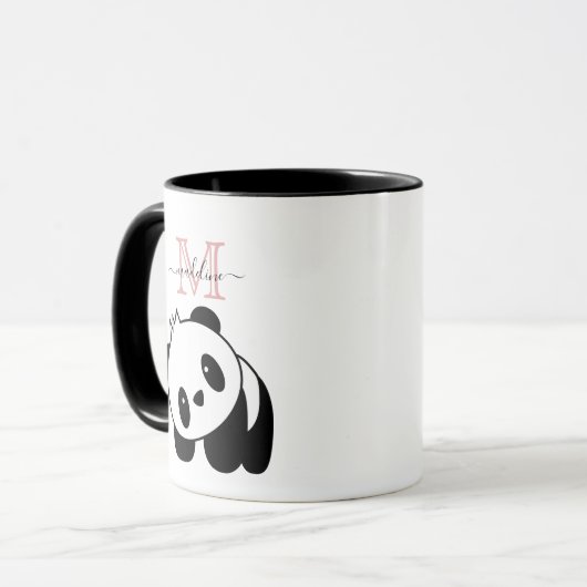 Cute White Black Panda Modern Pink Monogram Mok (Voorkant links)
