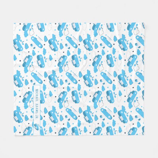 Cute White & Blue Planes and Clouds Kinder Monogra Fleece Deken (Voorkant (Horizontaal))