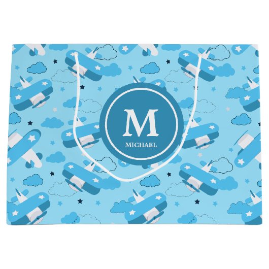 Cute White & Blue Planes and Clouds Kinder Monogra Groot Cadeauzakje (Voorkant)
