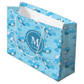 Cute White & Blue Planes and Clouds Kinder Monogra Groot Cadeauzakje (Voorkant Gekanteld)