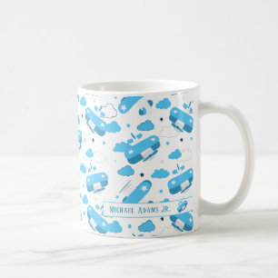 Cute White & Blue Planes and Clouds Kinder Monogra Koffiemok