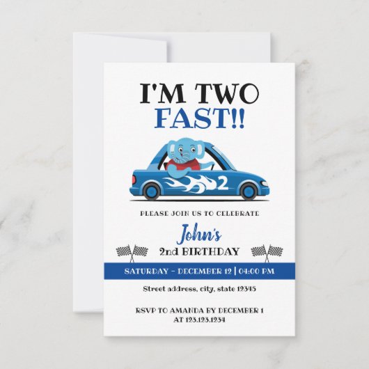 Cute White & Blue Race Auto Two Fast 2de verjaarda Kaart (Voorkant)