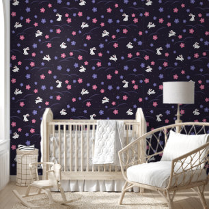 Cute White Bunny and Flowers on Purple Pattern Behang