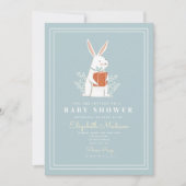 Cute White Bunny Blue Baby shower Invitation Kaart (Voorkant)
