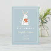 Cute White Bunny Blue Baby shower Invitation Kaart (Staand voorkant)