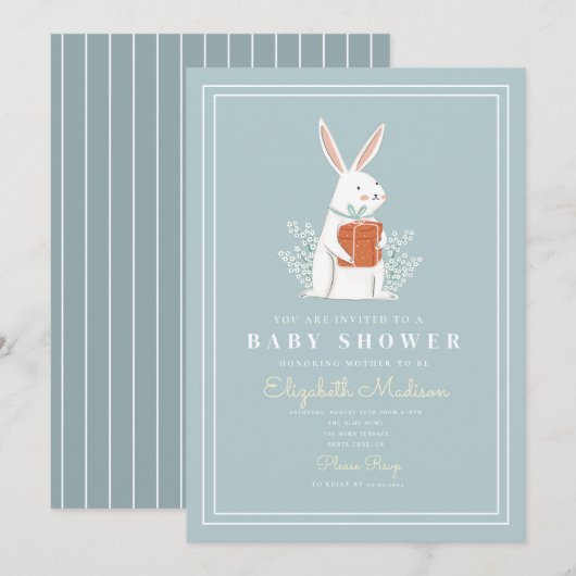 Cute White Bunny Blue Baby shower Invitation Kaart (Voorkant / Achterkant)