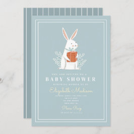 Cute White Bunny Blue Baby shower Invitation Kaart