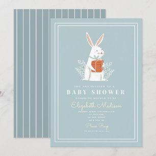 Cute White Bunny Blue Baby shower Invitation Kaart