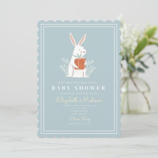 Cute White Bunny Blue Baby shower Kaart (Staand voorkant)