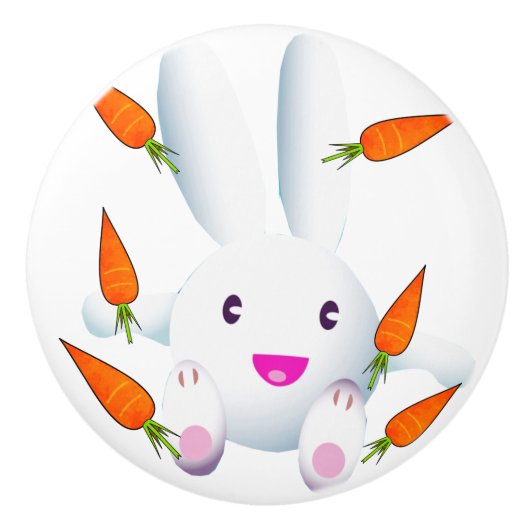 Cute White Bunny & Carrots Keramische Knop (Voorkant)