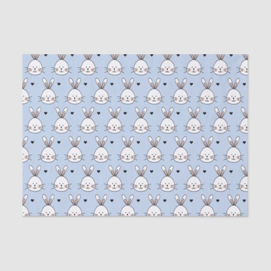 Cute White Bunny Faces and Hearts Pattern Blue Tissuepapier (Voorkant)