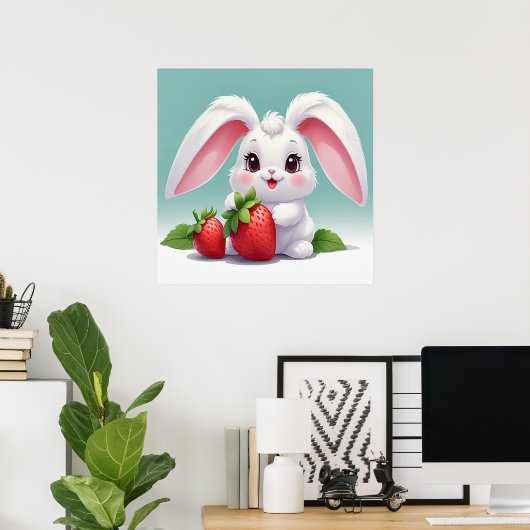 Cute White Bunny Holding Strawberries Poster (Thuiskantoor)