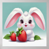 Cute White Bunny Holding Strawberries Poster (Voorkant)
