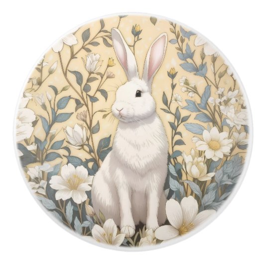 Cute White Bunny Pastel Yellow Floral  Keramische Knop (Voorkant)