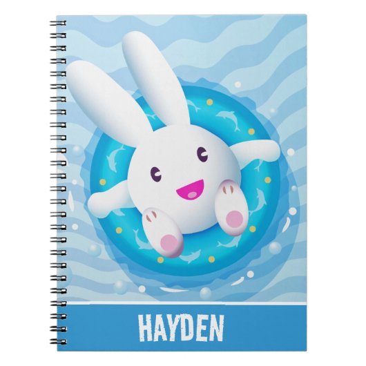 Cute White Bunny Pool Party Personalised Notitieboek (Voorkant)