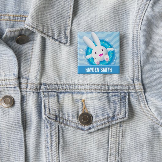 Cute White Bunny Pool Party Personalised Vierkante Button 5,1 Cm (In situ)