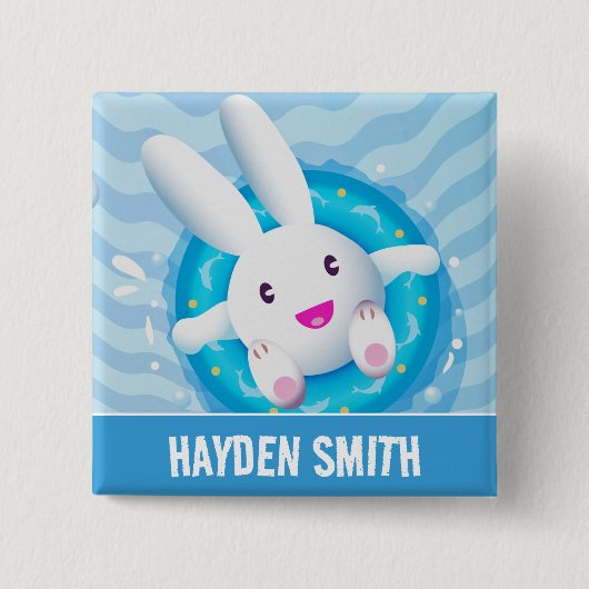Cute White Bunny Pool Party Personalised Vierkante Button 5,1 Cm (Voorkant)