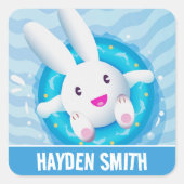 Cute White Bunny Pool Party Personalised Vierkante Sticker (Voorkant)