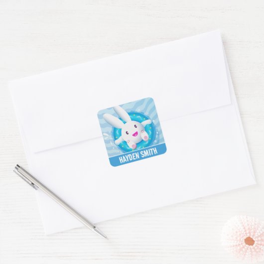 Cute White Bunny Pool Party Personalised Vierkante Sticker (Envelop)