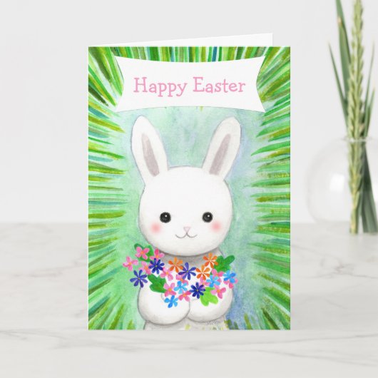 Cute White Bunny Rabbit Custom Text Happy Easter Kaart (Voorkant)