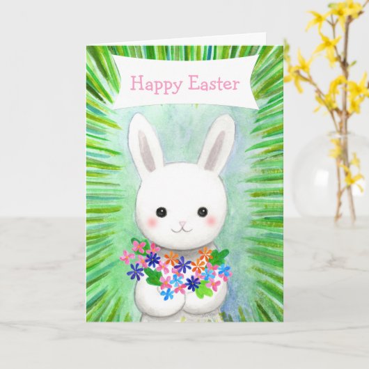Cute White Bunny Rabbit Custom Text Happy Easter Kaart (Gele Bloem)