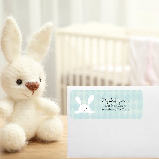 Cute White Bunny Rabbit Return Address | Aqua Blue Etiket