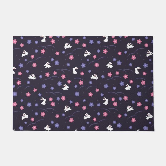 Cute White Bunny Rabbits and Flowers Pattern Deurmat (Voorkant)