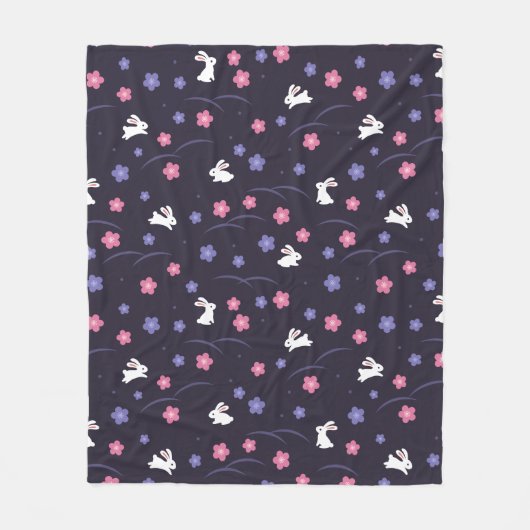 Cute White Bunny Rabbits and Flowers Pattern Fleece Deken (Voorkant)