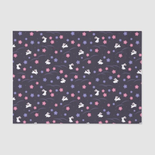 Cute White Bunny Rabbits and Flowers Pattern Tissuepapier (Voorkant)