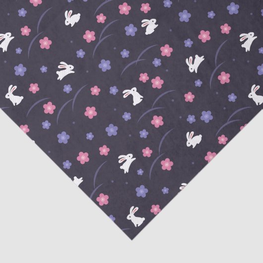 Cute White Bunny Rabbits and Flowers Pattern Tissuepapier (Detail)