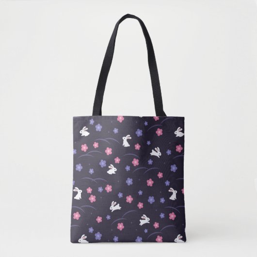 Cute White Bunny Rabbits and Flowers Pattern Tote Bag (Voorkant)