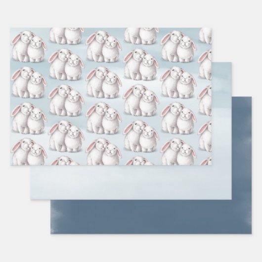 Cute White Bunny Rabbits Blue Winter Kerstmis Inpakpapier Vel (Set)