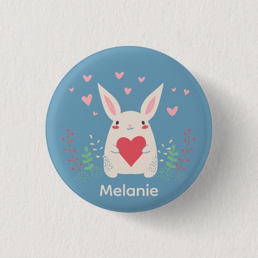 Cute White Bunny With Heart Personalised Ronde Button 3,2 Cm (Voorkant)