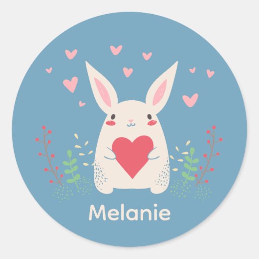 Cute White Bunny With Heart Personalised Ronde Sticker (Voorkant)