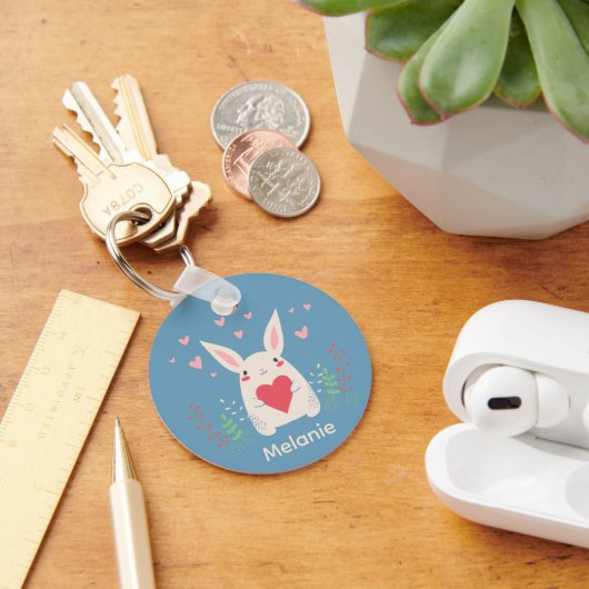 Cute White Bunny With Heart Personalised Sleutelhanger (Bureau)