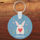 Cute White Bunny With Heart Personalised Sleutelhanger (Voorkant)