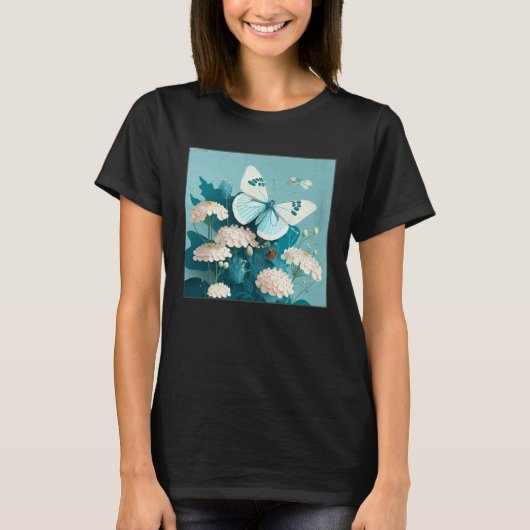 Cute White Butterfly Illustration Flowers Minimal  T-shirt (Voorkant)