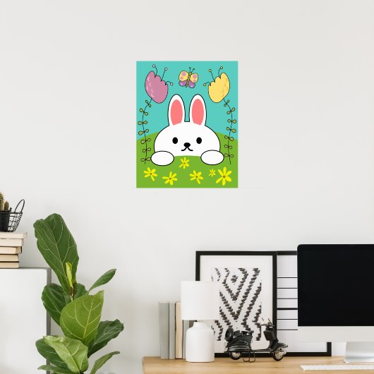 Cute White Cartoon Bunny Rabbit Poster (Thuiskantoor)