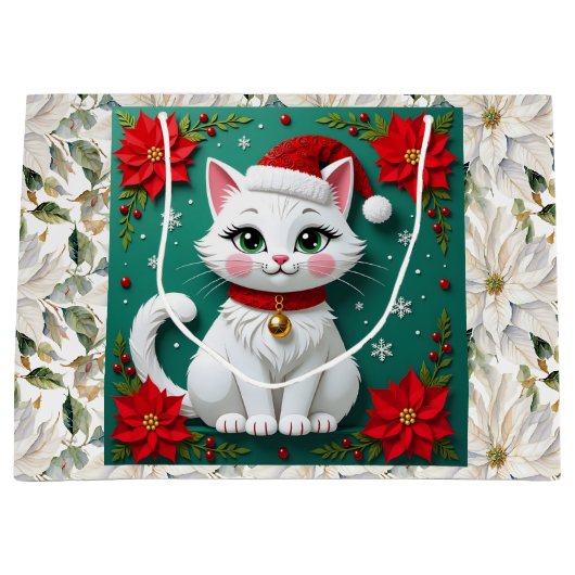 Cute White Cat and Poinsettia Christmas Groot Cadeauzakje (Voorkant)