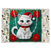 Cute White Cat and Poinsettia Christmas Groot Cadeauzakje (Achterkant)