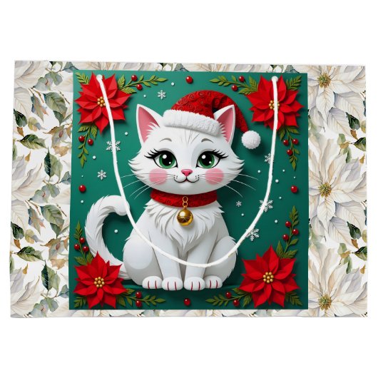 Cute White Cat and Poinsettia Christmas Groot Cadeauzakje (Achterkant)