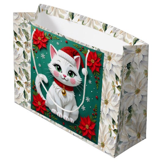 Cute White Cat and Poinsettia Christmas Groot Cadeauzakje (Achterkant Gekanteld)