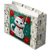 Cute White Cat and Poinsettia Christmas Groot Cadeauzakje (Voorkant Gekanteld)