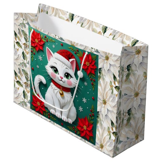 Cute White Cat and Poinsettia Christmas Groot Cadeauzakje (Voorkant Gekanteld)