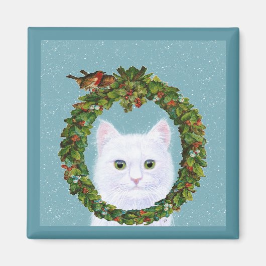 Cute White Cat Birds Kerstmis Wreatsneeuwmagneet Magneet (Voorkant)