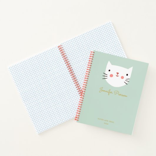Cute White Cat Custom Handwriting Name Notitieboek (Binnen)